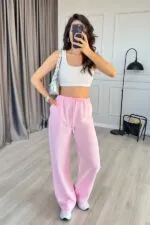 Beli Bağcık Bağlamalı Pembe Keten Toptan Pantolon
