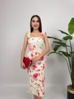 4019 DJİTAL BASKILI BALON ASKI STRAPLEZ ELBİSE - YEŞİL
