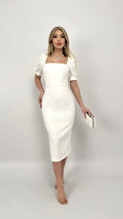 4027 Pearl-Embellished Puff Sleeve Midi Dress - BEYAZ