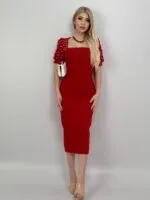 4027 Pearl-Embellished Puff Sleeve Midi Dress - KIRMIZI