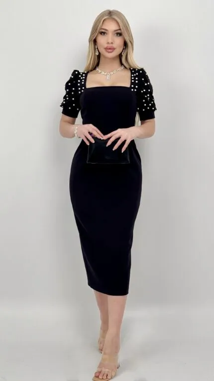 4027 Pearl-Embellished Puff Sleeve Midi Dress - SİYAH