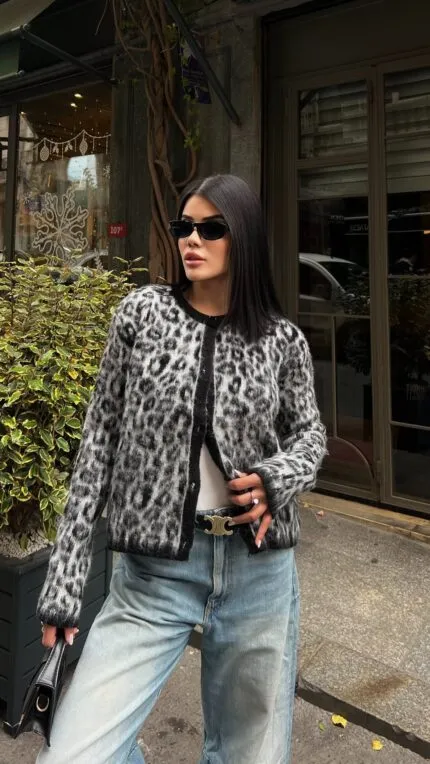 5017 LEOPAR DESEN TRİKO HIRKA - GRİ