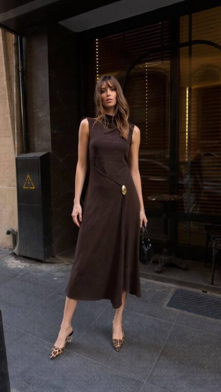 BROWN - COFFEE Brown Elegant Sleeveless Midi Dress with Accessories