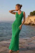 GREEN - YEŞİL Astarlı Ajurlu Triko Elbise - Y