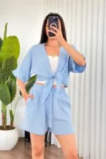 Müslin Önden Bağlamalı Kısa Model Toptan Bebe Mavisi Kimono