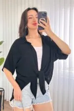 Kısa Kol Basic Kimono Toptan Siyah Bluz