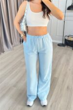 Beli Bağcık Bağlamalı Bebe Mavisi Keten Toptan Pantolon