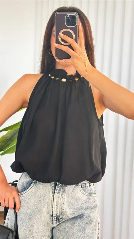Yakası Boncuklu Balon Model Toptan Siyah Bluz