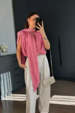 PİNK - PEMBE şal detaylı vatkalı şık bluz