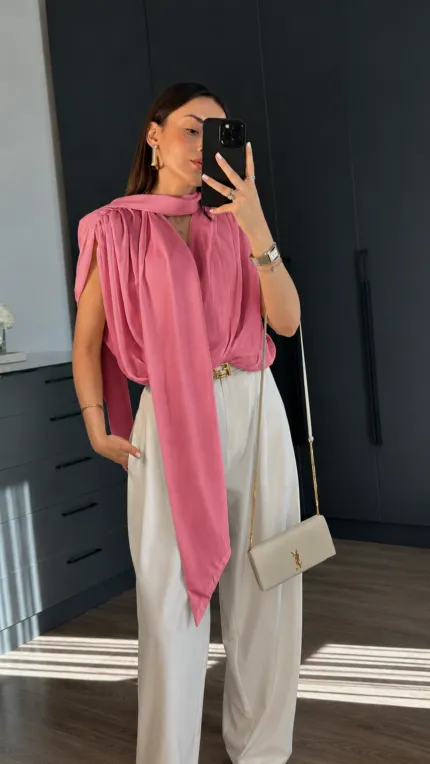 PİNK - PEMBE şal detaylı vatkalı şık bluz