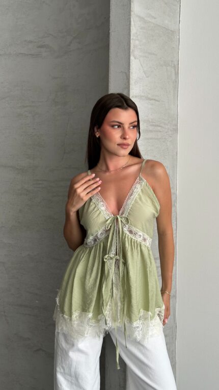 GREEN - YEŞİL ÖNDEN BAĞLAMALI BOHEM BLUZ
