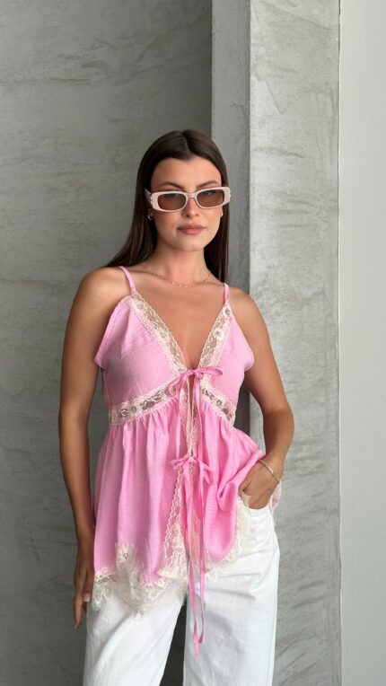 PİNK - PEMBE ÖNDEN BAĞLAMALI BOHEM BLUZ