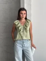 GREEN - YEŞİL kolsun fırfırlı bluz