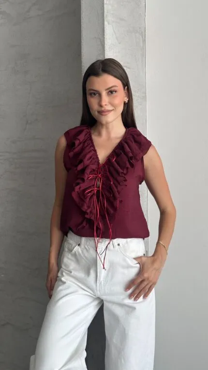 BURGUNDY - BORDO kolsun fırfırlı bluz