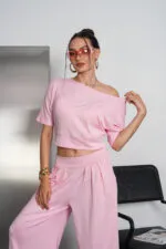 Pembe Kayık Yaka Pileli Takım