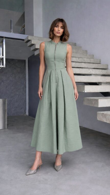 GREEN - Green Zip Detail Bell Dress