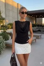 BLACK - SİYAH DANTELLİ DÖKÜMLÜ BLUZ