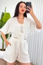 Müslin Önden Bağlamalı Kısa Model Toptan Beyaz Kimono
