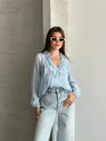 BLUE - MAVİ lastikli kol fırfırlı gömlek
