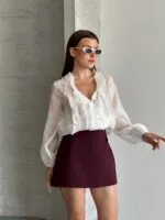 WHİTE - BEYAZ lastikli kol fırfırlı gömlek