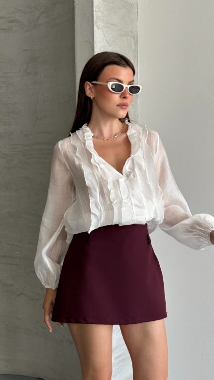 WHİTE - BEYAZ lastikli kol fırfırlı gömlek