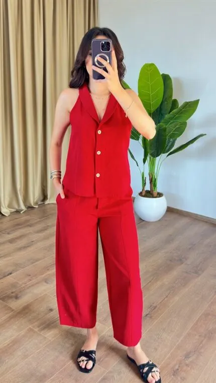 Keten Havuç Pantolon Ve Yelek Kırmızı Toptan Takım