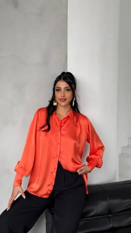 Oranj Saten Kumaş İnci Düğme Detay Gömlek