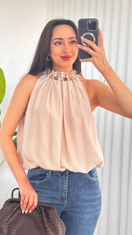 Yakası Boncuklu Balon Model Toptan Bej Bluz