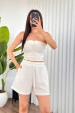 Müslin Cepli Kısa Model Toptan Beyaz Şort
