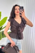 Fırfırlı Beli Lastikli Toptan Kahve Bluz