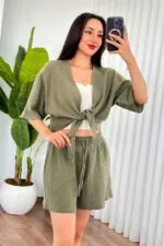 Müslin Önden Bağlamalı Kısa Model Toptan Haki Kimono