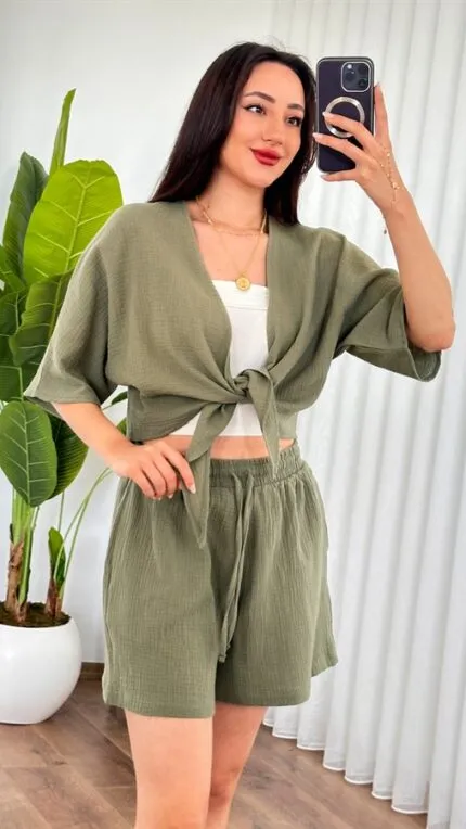 Müslin Önden Bağlamalı Kısa Model Toptan Haki Kimono