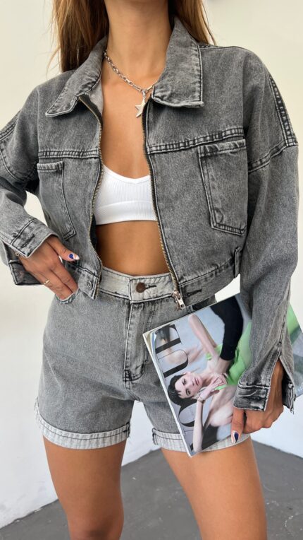 Fermuarlı Çift Cepli Denim Ceket - ANTRASİT