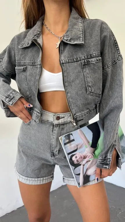Fermuarlı Çift Cepli Denim Ceket - ANTRASİT