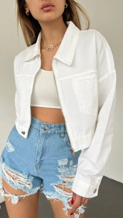 Fermuarlı Çift Cepli Denim Ceket - BEYAZ