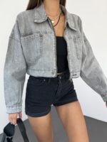 Fermuarlı Çift Cepli Denim Ceket - GRİ