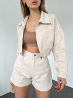 Fermuarlı Çift Cepli Denim Ceket - KREM
