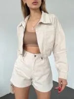 Fermuarlı Çift Cepli Denim Ceket - KREM