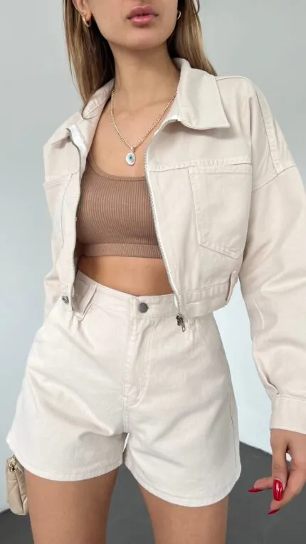 Fermuarlı Çift Cepli Denim Ceket - KREM