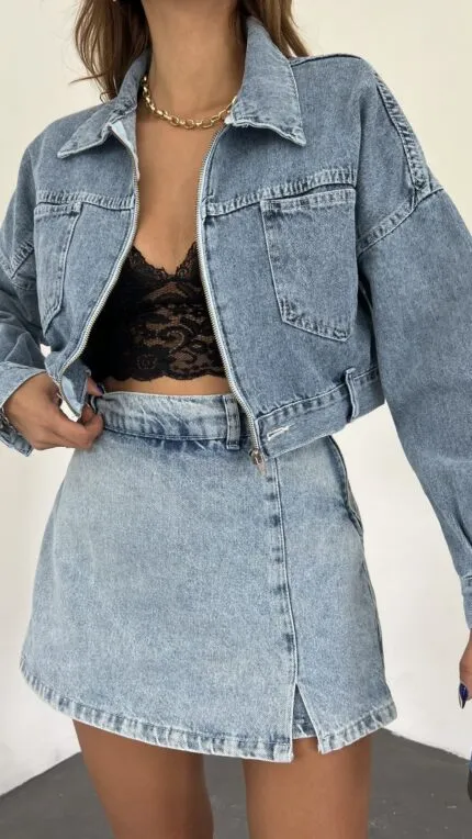 Fermuarlı Çift Cepli Denim Ceket - MAVİ