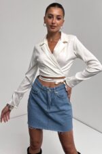 Gömlek Yaka Beli Bağlamalı Crop Bluz - BEYAZ