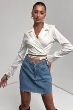 Gömlek Yaka Beli Bağlamalı Crop Bluz - BEYAZ
