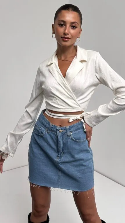Gömlek Yaka Beli Bağlamalı Crop Bluz - BEYAZ