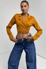 Gömlek Yaka Beli Bağlamalı Crop Bluz - HARDAL
