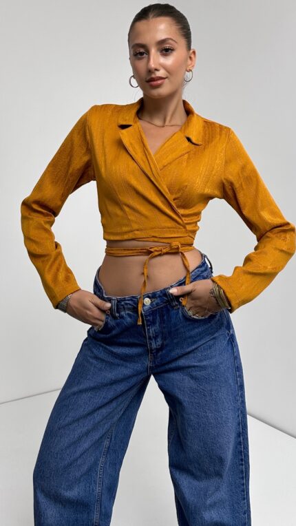 Gömlek Yaka Beli Bağlamalı Crop Bluz - HARDAL