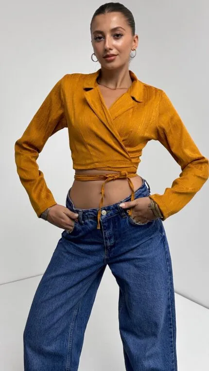 Gömlek Yaka Beli Bağlamalı Crop Bluz - HARDAL