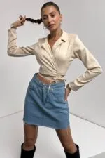 Gömlek Yaka Beli Bağlamalı Crop Bluz - KREM