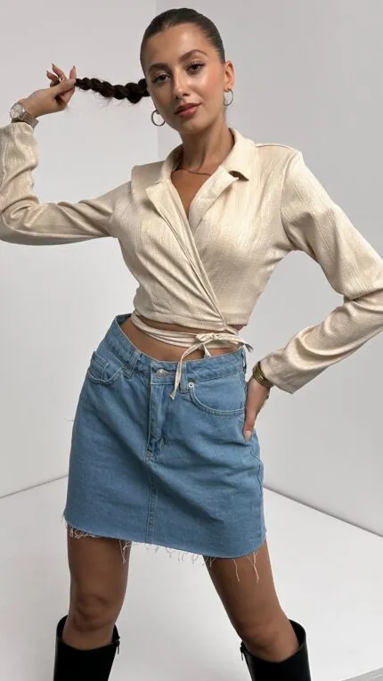 Gömlek Yaka Beli Bağlamalı Crop Bluz - KREM