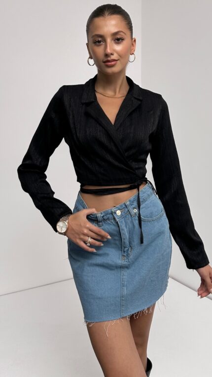 Gömlek Yaka Beli Bağlamalı Crop Bluz - SİYAH