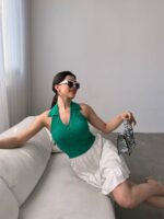Gömlek Yaka Önü Düğme Detaylı Bluz - YEŞİL